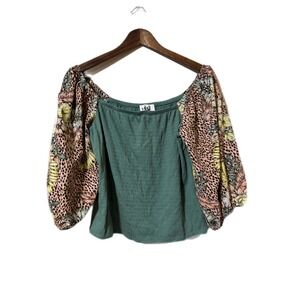 Who Wear‎ What When Where Smocked Top Womens S Green Floral Leopard Puff Sleeve